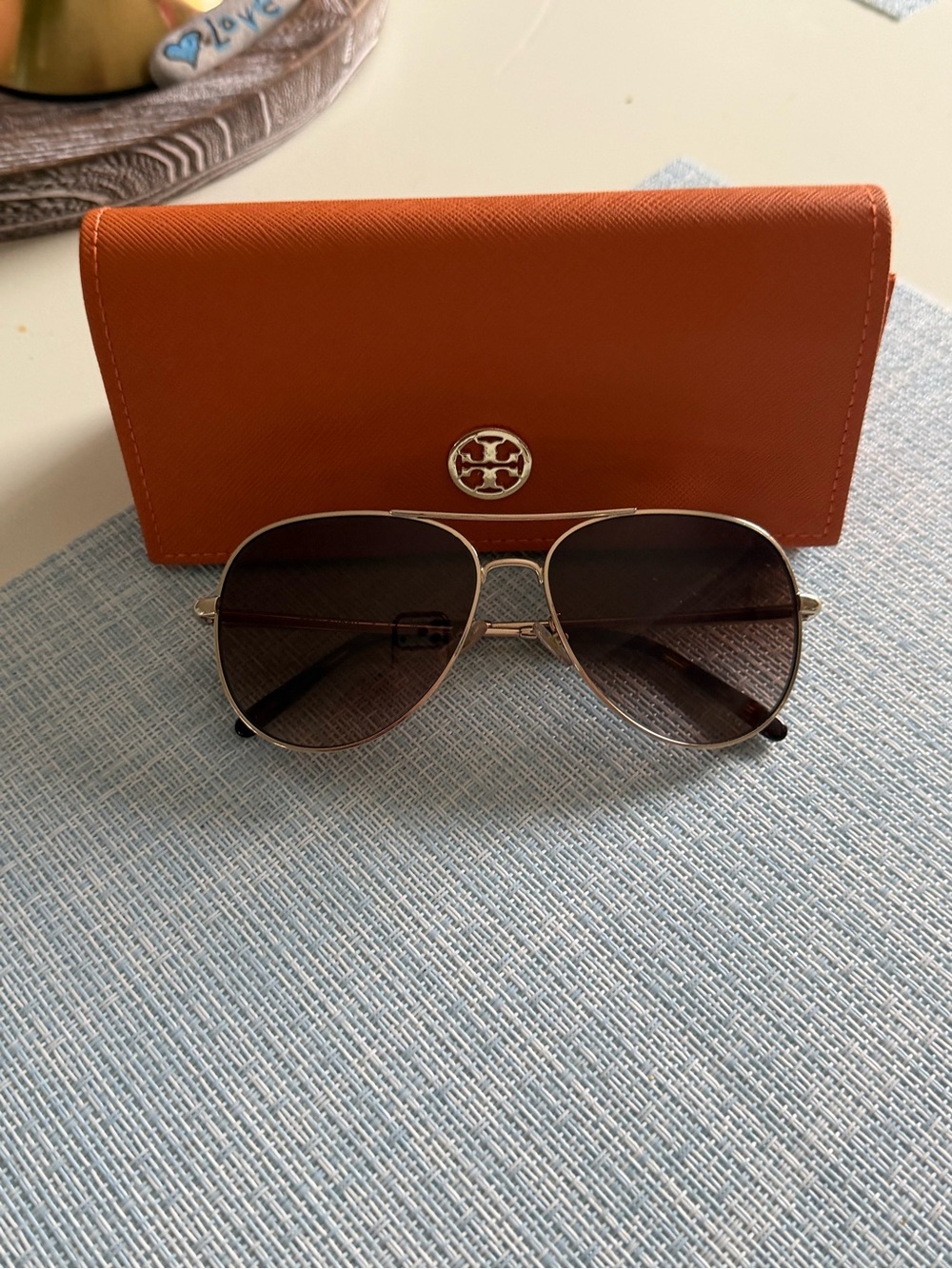 Tory Burch Gold Aviator Sunglasses with Brown Lenses and Orange Case